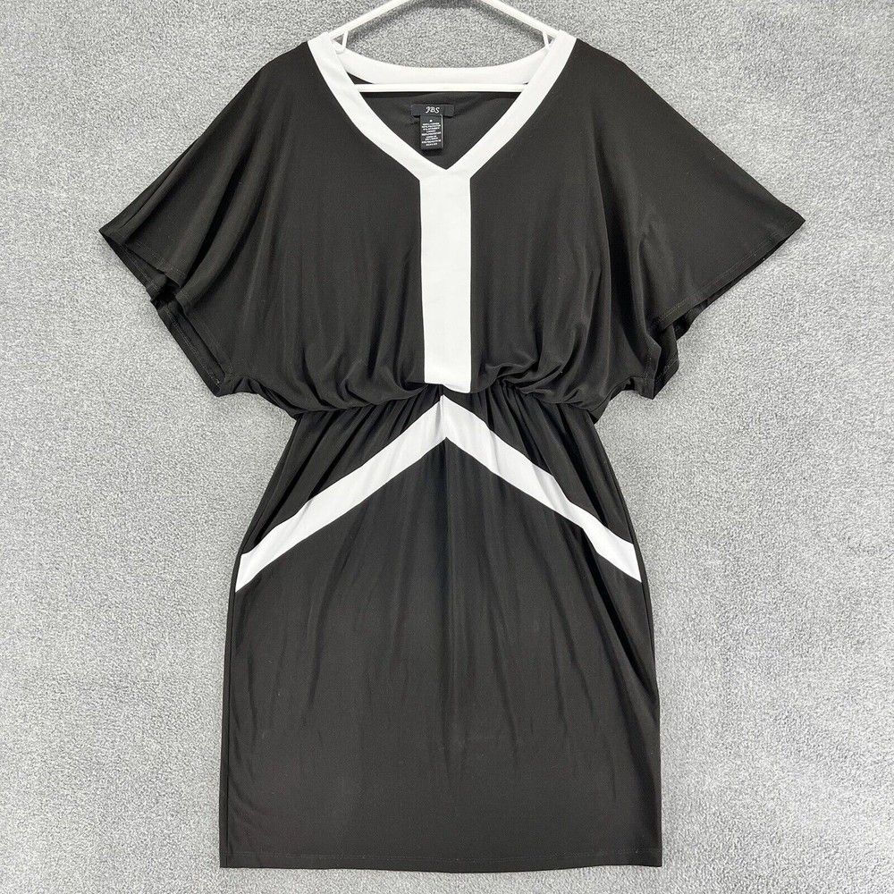 JBS Black Dress womens size 6 white stripe dolman sleeve blouson solid short